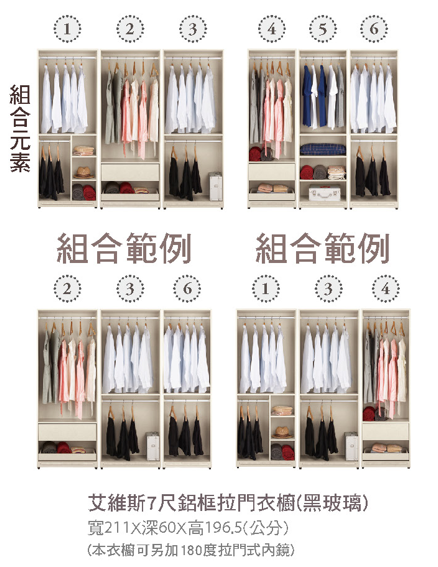 艾維斯7尺鋁框拉門衣櫥(黑玻璃) 2