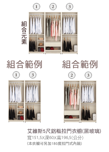 艾維斯5尺鋁框拉門衣櫥(黑玻璃) 2