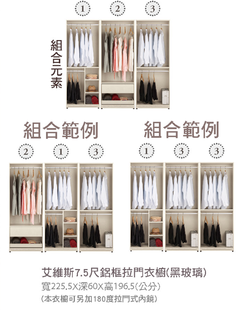 艾維斯7.5尺鋁框拉門衣櫥(黑玻璃) 2