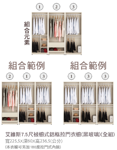 艾維斯7.5尺被櫥式鋁框拉門衣櫥(黑玻璃)(全組) 2