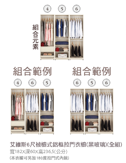 艾維斯6尺被櫥式鋁框拉門衣櫥(黑玻璃)(全組) 2