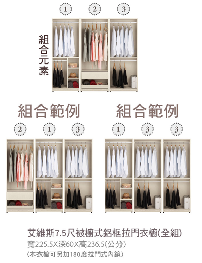 艾維斯7.5尺被櫥式鋁框拉門衣櫥(全組) 2