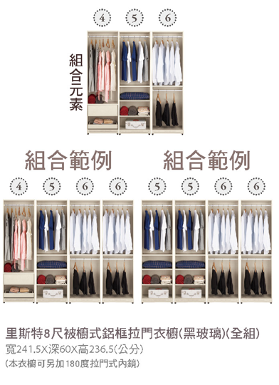里斯特8尺被櫥式鋁框拉門衣櫥(黑玻璃)(全組) 2
