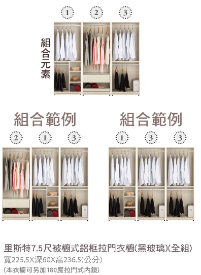 里斯特7.5尺被櫥式鋁框拉門衣櫥(黑玻璃)(全組) 2