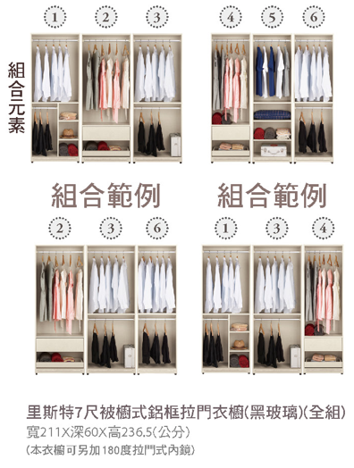 里斯特7尺被櫥式鋁框拉門衣櫥(黑玻璃)(全組) 2