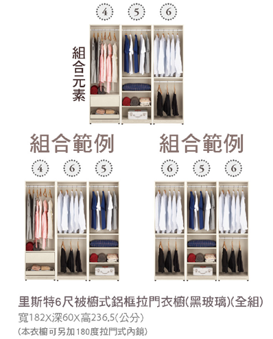 里斯特6尺被櫥式鋁框拉門衣櫥(黑玻璃)(全組) 2