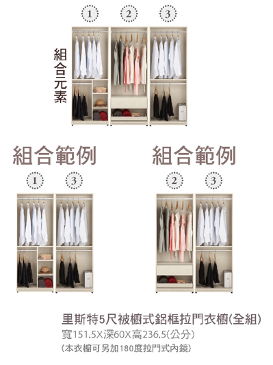 里斯特5尺被櫥式鋁框拉門衣櫥(全組) 2