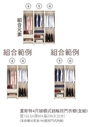里斯特4尺被櫥式鋁框拉門衣櫥(全組) 2