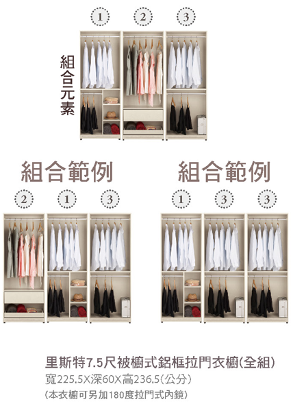 里斯特7.5尺被櫥式鋁框拉門衣櫥(全組) 2