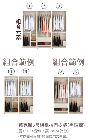 蘿克斯5尺鋁框拉門衣櫥(黑玻璃) 2