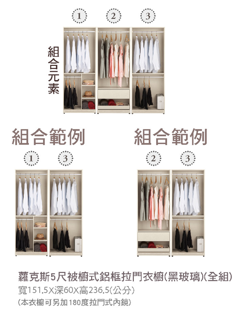 蘿克斯5尺被櫥式鋁框拉門衣櫥(黑玻璃)(全組) 2