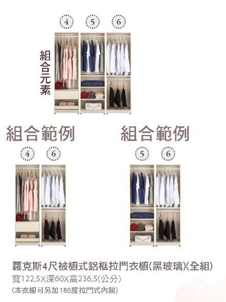 蘿克斯4尺被櫥式鋁框拉門衣櫥(黑玻璃)(全組) 2