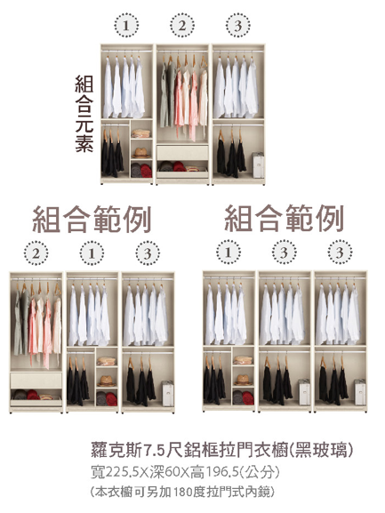 蘿克斯7.5尺鋁框拉門衣櫥(黑玻璃) 2