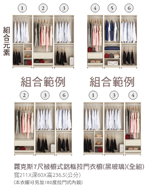 蘿克斯7尺被櫥式鋁框拉門衣櫥(黑玻璃)(全組) 2