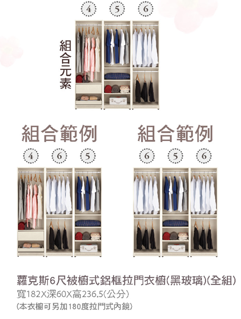 蘿克斯6尺被櫥式鋁框拉門衣櫥(黑玻璃)(全組) 2