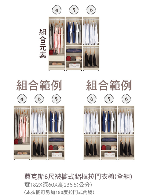 蘿克斯6尺被櫥式鋁框拉門衣櫥(全組) 2