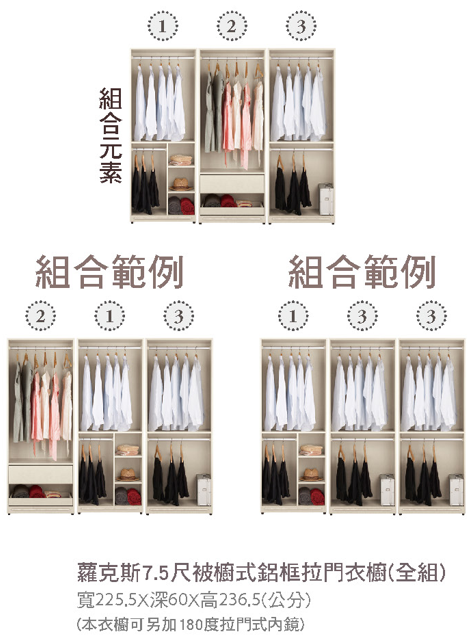 蘿克斯7.5尺被櫥式鋁框拉門衣櫥(全組) 2